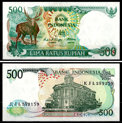 Индонезия 500 рупий 1988 Тиморский олень Pick 123 а бумага 6312-60-1-1