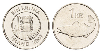 Исландия 1 крона 2007 треска KM 27a сталь плакированная никелем UNC 4691-617