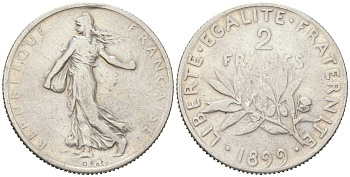 Франция 2 франка 1899 KM 845 серебро 4616-546