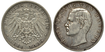 Бавария 3 марки 1910 Отто (1886-1913) Weege 45, J. 47, KM 515 серебро 413-3034