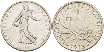 ФРАНЦИЯ 1 ФРАНК 1918 СЕЯТЕЛЬ KM 844.1, LE FRANC 217.24 серебро 3457-856