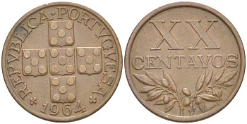 ПОРТУГАЛИЯ 20 СЕНТАВО 1964 KM 584 бронза 4513-1241