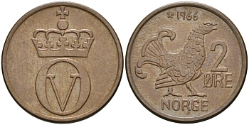 Норвегия 2 эре 1966 глухарь, Улаф V (1958-1991) KM 410 бронза аUNC 4582-531