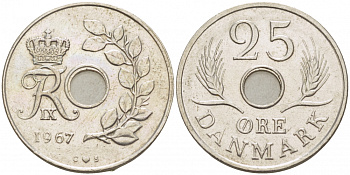 ДАНИЯ 25 ЭРЕ 1967 С; S, ФРЕДЕРИК IX (1947-1972) KM 855.1 медно-никель 3457-827