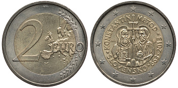 СЛОВАКИЯ 2 ЕВРО 2013 1150 ЛЕТ МИССИИ КИРИЛЛА И МЕФОДИЯ В ВЕЛИКОЙ МОРАВИИ KM 128 биметалл 3856-656