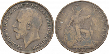 Великобритания 1 пенни 1918 Георг V (1910-1936) КМ 810, Spink 4051 бронза 215-314
