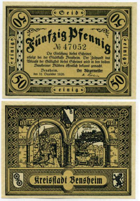 БЕНСХАЙМ, ГЕРМАНИЯ 50 ПФЕННИГОВ 1920 31 ДЕКАБРЯ 1920, НОТГЕЛЬД, ЗЕМЛЯ ГЕССЕН Grabowski В20.1 бумага UNC (ПРЕСС) 8613-16-2-2