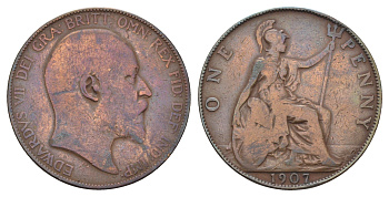 Великобритания 1 пенни 1907 Эдуард VII (1901-1910) KM 794.2, Spink 3990 бронза 4389-831