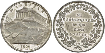 БАВАРИЯ МЕДАЛЬ 1842 НА ОТКРЫТИЕ ВАЛЬХАЛЛЫ (ЗАЛА СЛАВЫ) ЛЮДОВИКА I, ДИАМЕТР 41 ММ. белый металл 1081-5-61