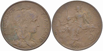 ФРАНЦИЯ 5 САНТИМОВ 1907 ТИП ДАНИЭЛЬ ДЮПЮИ KM 842, LE FRANC 119.17 бронза 108-855