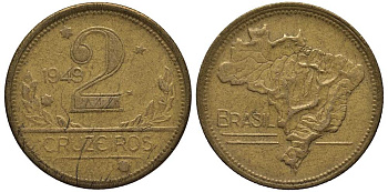 БРАЗИЛИЯ 2 КРУЗЕЙРО 1949 КАРТА БРАЗИЛИИ KM 559 алюминиевая бронза 4529-431