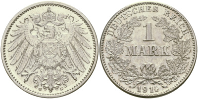 Германия 1 марка 1914 G Weege 18, J. 17, KM 14 серебро aUNC 98-1156
