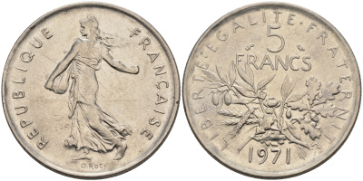 Франция 5 франков 1971 сеятель KM 926a.1, Le Franc 341.3 медно-никель плакированный никелем 4590-532