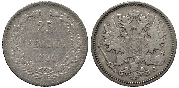 РОССИЯ ДЛЯ ФИНЛЯНДИИ 25 ПЕННИ 1894 L, АЛЕКСАНДР III KM 6.2, Биткин 241 серебро 443-821