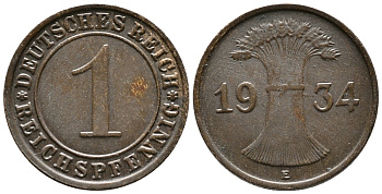 ГЕРМАНИЯ 1 РЕЙХСПФЕННИГ 1934 E KM 37, J. 313 бронза 39-1064