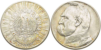 ПОЛЬША 5 ЗЛОТЫХ 1934 W, ЮЗЕФ ПИЛСУДСКИЙ, ГОД ТИП KM 25 серебро 5010-1131
