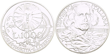 Италия 1000 лир 1998 R, 400 лет со дня рождения Джованни Лоренцо Бернини, колоннада собора Святого Петра в Риме KM 201 серебро  UNC  1519-1234