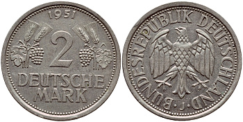 ФРГ 2 марки 1951 J J 386, KM 111 медно-никель плакированный никелем 1522-132