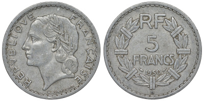 Франция 5 франков 1950 В, closed 9 KM 888b.2, Le Franc 339.21 алюминий 4123-541