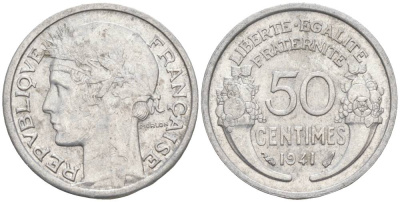 ФРАНЦИЯ 50 САНТИМОВ 1941 ТИП MORLON LOURDE KM 894.1a, LE FRANC 193.2 алюминий 44-168