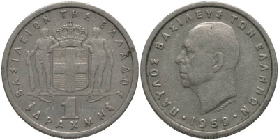 Греция 1 драхма 1959 Павел I (1947-1964) KM 81 медно-никель 181-827