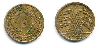 ГЕРМАНИЯ 5 РЕЙХСПФЕННИГОВ 1925 D, KM 39, J. 316 алюминиевая бронза 35-412