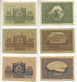 Австрия набор из 3 банкнот 1920 8 мая 1920-15 октября, нотгельд, 10, 20, 50 геллеров, ST. GULGEN SALZKAMMERGUT, ЗАЛЬЦБУРГ   бумага  XF 7555-3-2-2