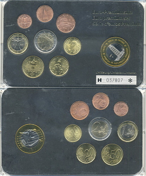 Италия евронабор из 8 монет + 1 европробник 2002-2007 в пластиковой запайке    UNC  7-5-5-10