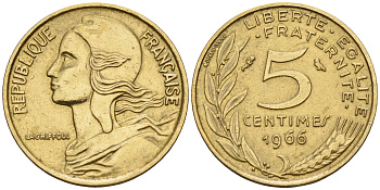 Франция 5 сантимов 1966 тип Марианна KM 933 медь алюминий никель    4152-1218