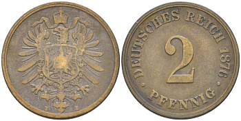 ГЕРМАНИЯ 2 ПФЕННИГА 1876 B, СТАРОГЕРБОВКА KM 2, J. 2, Weege 3 медь 212-643