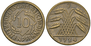 Германия 10 рентенпфеннигов  1924 J KM 33, J. 309, Weege 8 алюминиевая бронза 4175-454