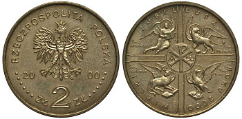 Польша 2 злотых 2000 MW, великий юбилей 2000, миллениум KM 376 нордик 4521-822