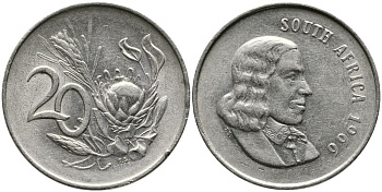 ЮАР 20 ЦЕНТОВ 1966 SOUTH AFRICA, ЯН ВАН РИБЕК (1619-1677), ГОЛЛАНДСКИЙ ИССЛЕДОВАТЕЛЬ , МОРЕПЛАВАТЕЛЬ, ОСНОВАТЕЛЬ Г. КЕЙПТАУНА, ЦВЕТОК ПРОТЕЯ KM 69.1 никель 3336-1241