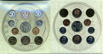 Бельгия набор из 10 монет + жетон 2001 Belgie-Belgique, прощание с бельгийским франком, переход на евро, в оригинальном картонном буклете KM MS 14 BUNC 1-4-2-13