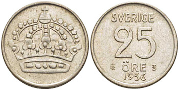 Швеция 25 эре 1956 TS, Густав VI Адольф (1950-1973) KM 824 серебро 116-1145