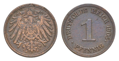 Германия 1 пфенниг 1905 E, Вильгельм II (1888-1918) KM 10, J. 10 медь 4639-1127
