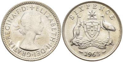 АВСТРАЛИЯ 6 ПЕНСОВ 1963 m, ЕЛИЗАВЕТА II (1953-), ГЕРБ АВСТРАЛИИ, ПРОБА 500, ДИАМЕТР 28,5 ММ. KM 58 серебро UNC 02-264-33