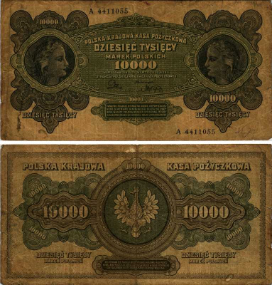 ПОЛЬША 10000 МАРОК 1922 11 МАРТА 1922, ИНФЛЯЦИОННЫЙ ВЫПУСК Pick 32 бумага F 6352-8-1-2