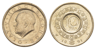 Норвегия 10 крон 1991 Улаф V (1957-1991) KM 427 никель латунь aUNC 4635-757