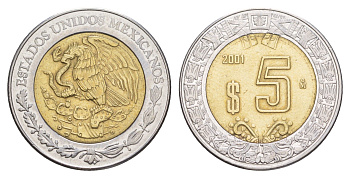 Мексика 5 песо 2001 Mo KM 605 биметалл 4637-652
