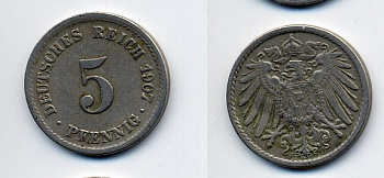 ГЕРМАНИЯ 5 ПФЕННИГОВ 1907 F, KM 11, J. 12 медно-никель 84-923
