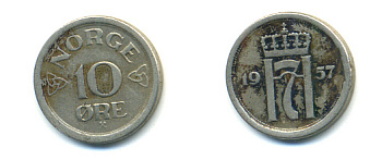 НОРВЕГИЯ 10 ЭРЕ 1957 ХОКОН VII KM 396 медно-никель 89-325