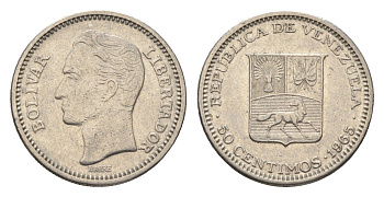 Венесуэла 50 сентимо 1965 Симон Боливар Y 41 никель 4664-414