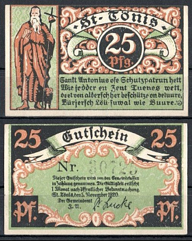 Санкт-Тёнис (Пруссия, Рейн) 25 пфеннигов 1920 Mehl Grabowski 1167.1a-3/5 бумага UNC (пресс) 7553-21-3-2