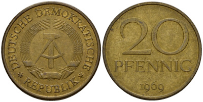 ГДР 20 пфеннигов 1969 A, первый год KM 11 латунь 4601-527