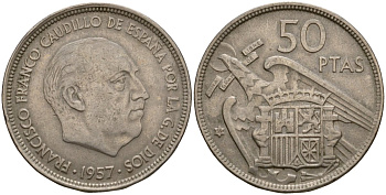 Испания 50 песет 1957 (59) Франсиско Франко (1939-1975) KM 788 медно-никель 4599-112
