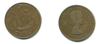 Великобритания 1/2 пенни 1954 Елизавета II (1952-2022) KM 896, Spink 4158 бронза 23-1341