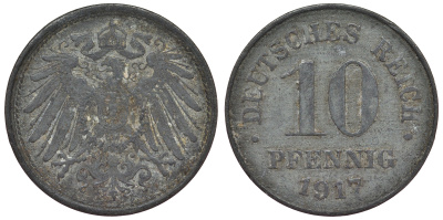 Германия 10 пфеннигов 1917 KM 26, J. 299, Weege 8 цинк 4119-257