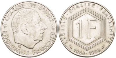 ФРАНЦИЯ 1 ФРАНК 1988 ШАРЛЬ ДЕ ГОЛЬ, 30 ЛЕТ РЕСПУБЛИКЕ KM 943, LE FRANC 227.2 никель 217-245