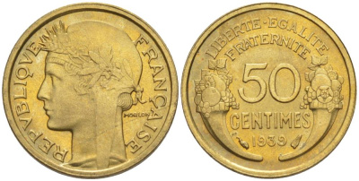 ФРАНЦИЯ 50 САНТИМОВ 1939 ТИП MORLON KM 894.1, LE FRANC 192.15 алюминиевая бронза 44-843